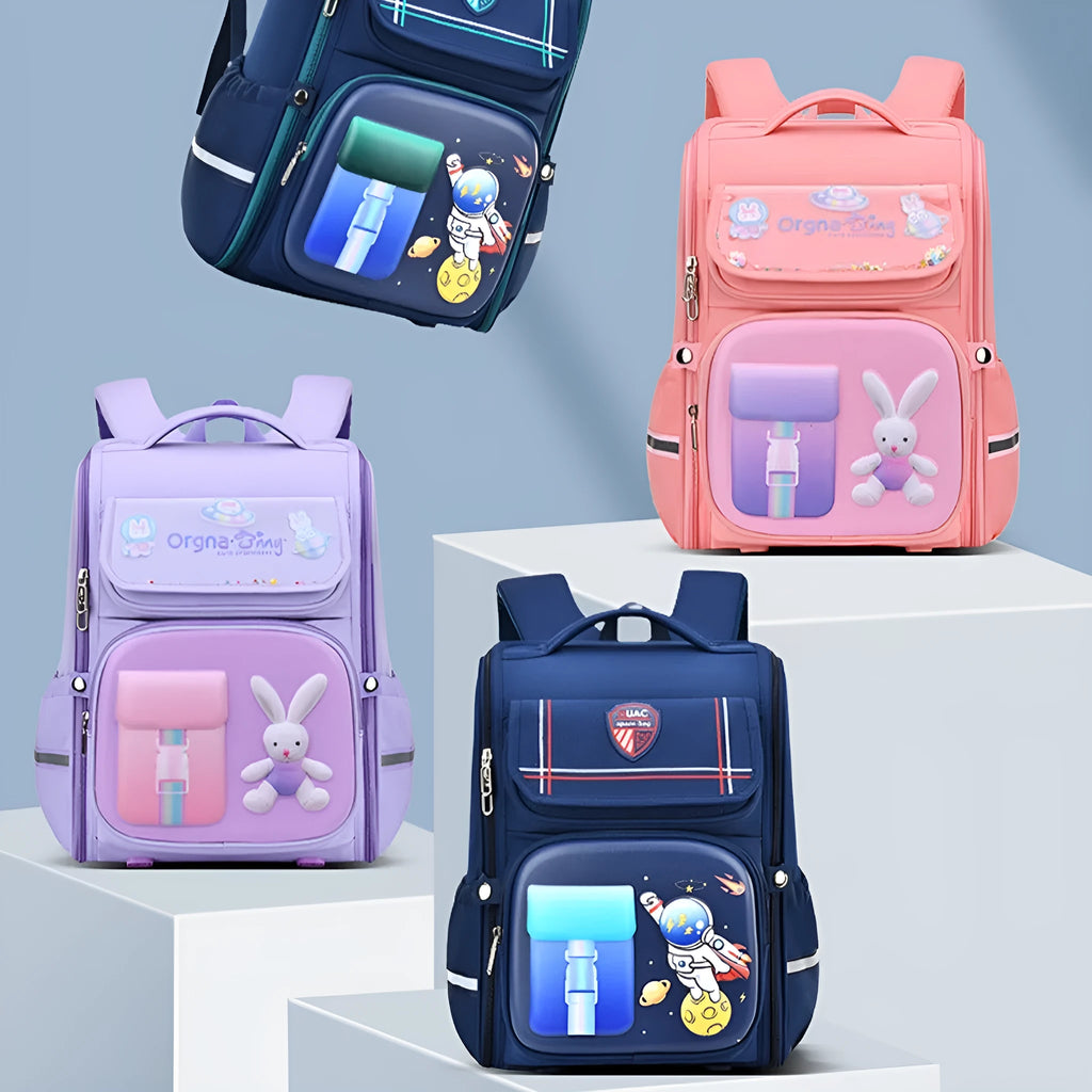 Children's cartoon backpack with airpillow straps in Spaceman Blue or Rabbit patterns for school spine protection