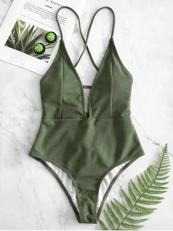 Solid colour backless lace-up one-piece swimsuit for women in black