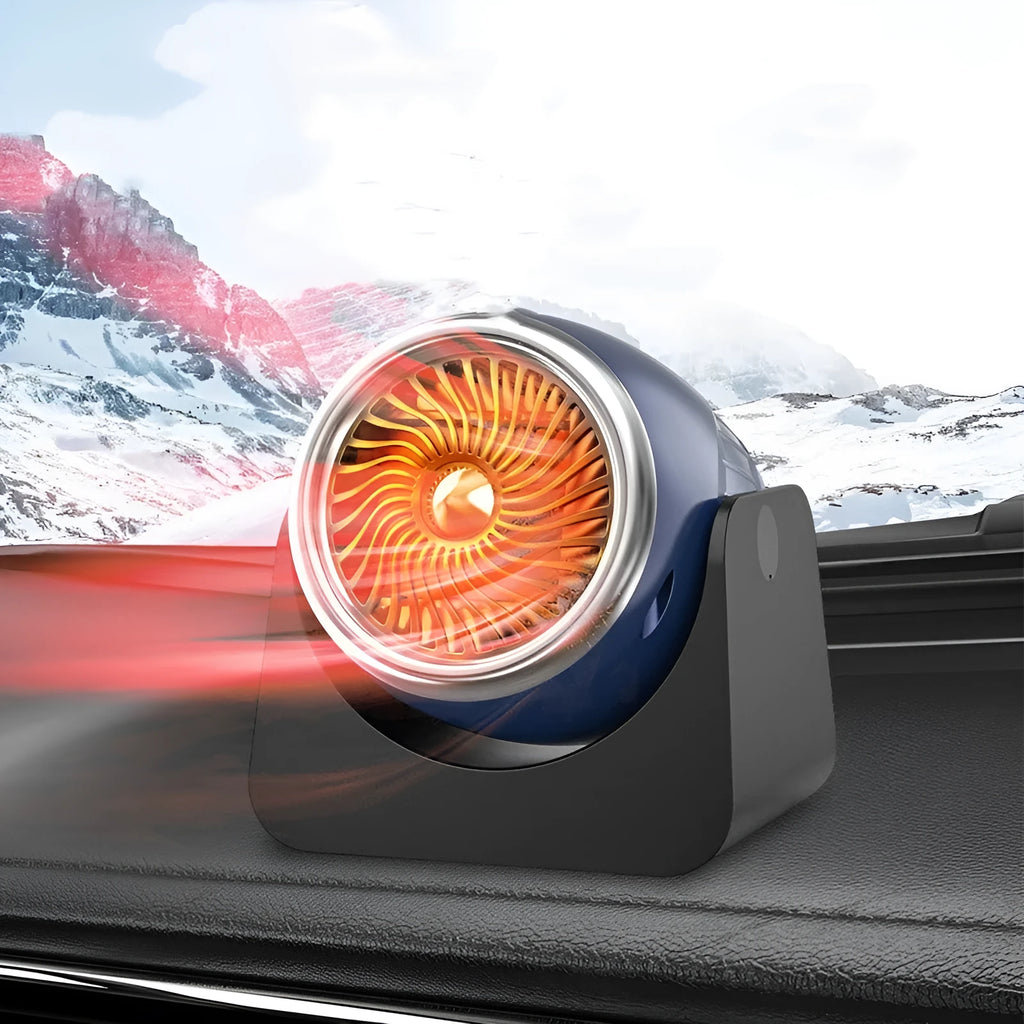 Navy blue 12v car heating fan with cigarette lighter plug for interior warming and windscreen defogging