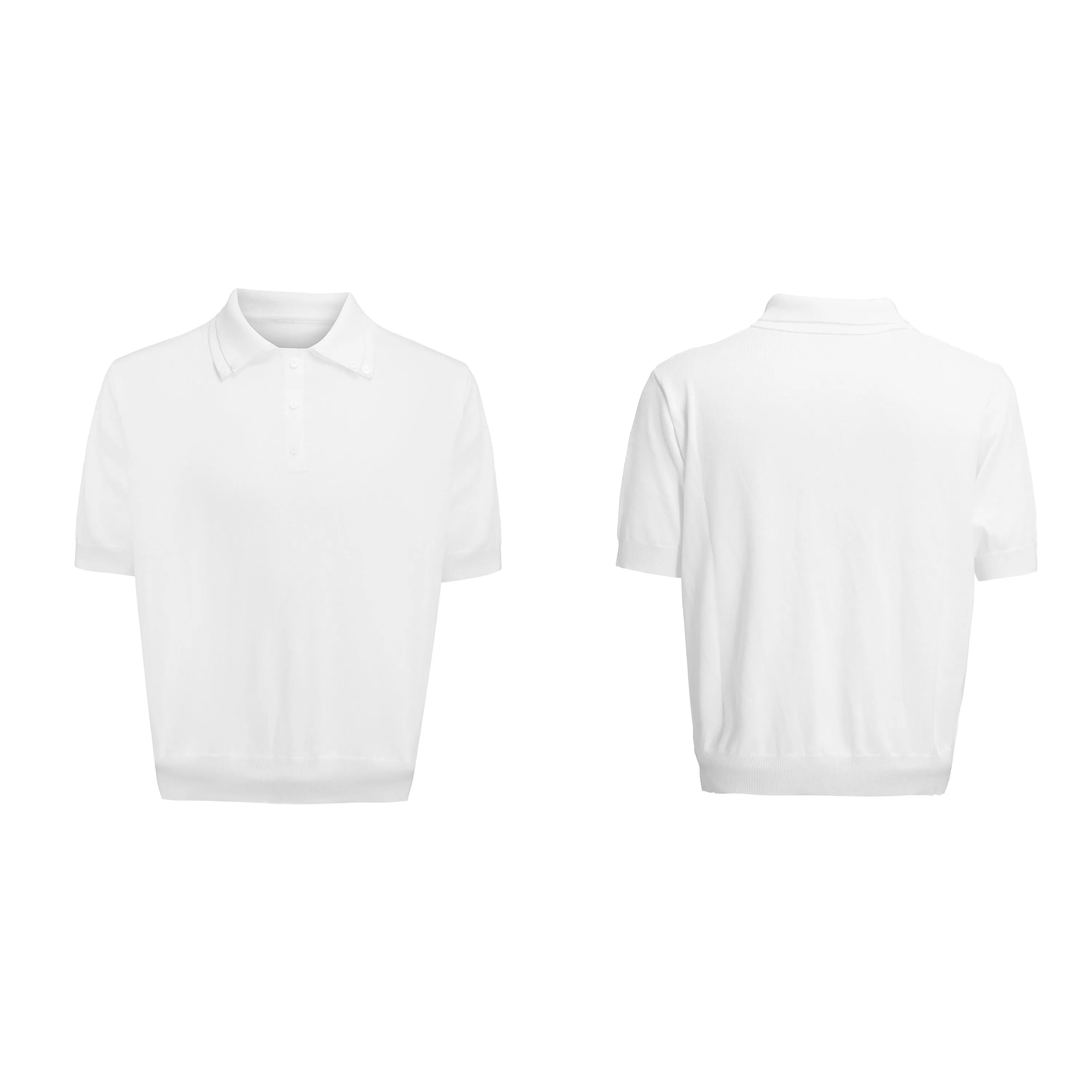 Men's black slim knit short sleeve shirt with double collar design and fastener decoration