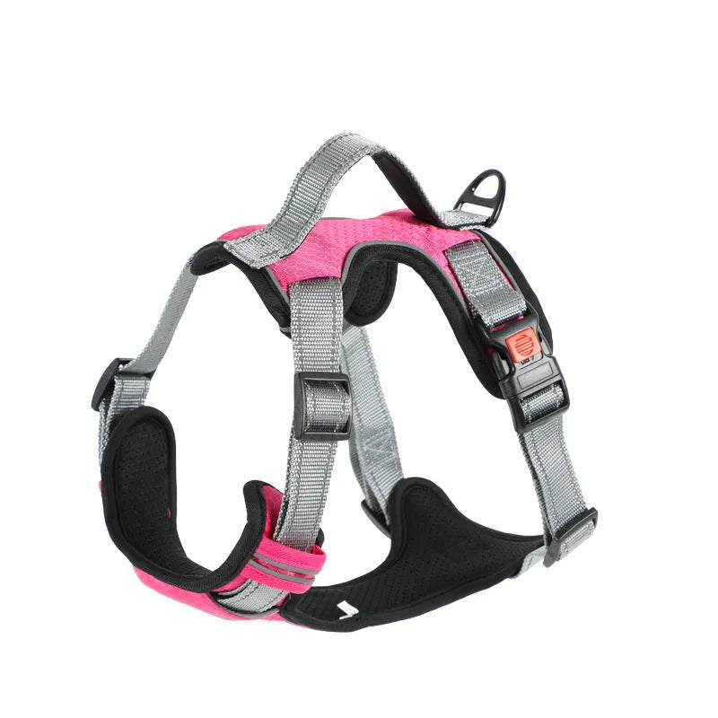 Orange polyester dog chest strap vest harness with an adjustable strap and a matching hand holding rope.