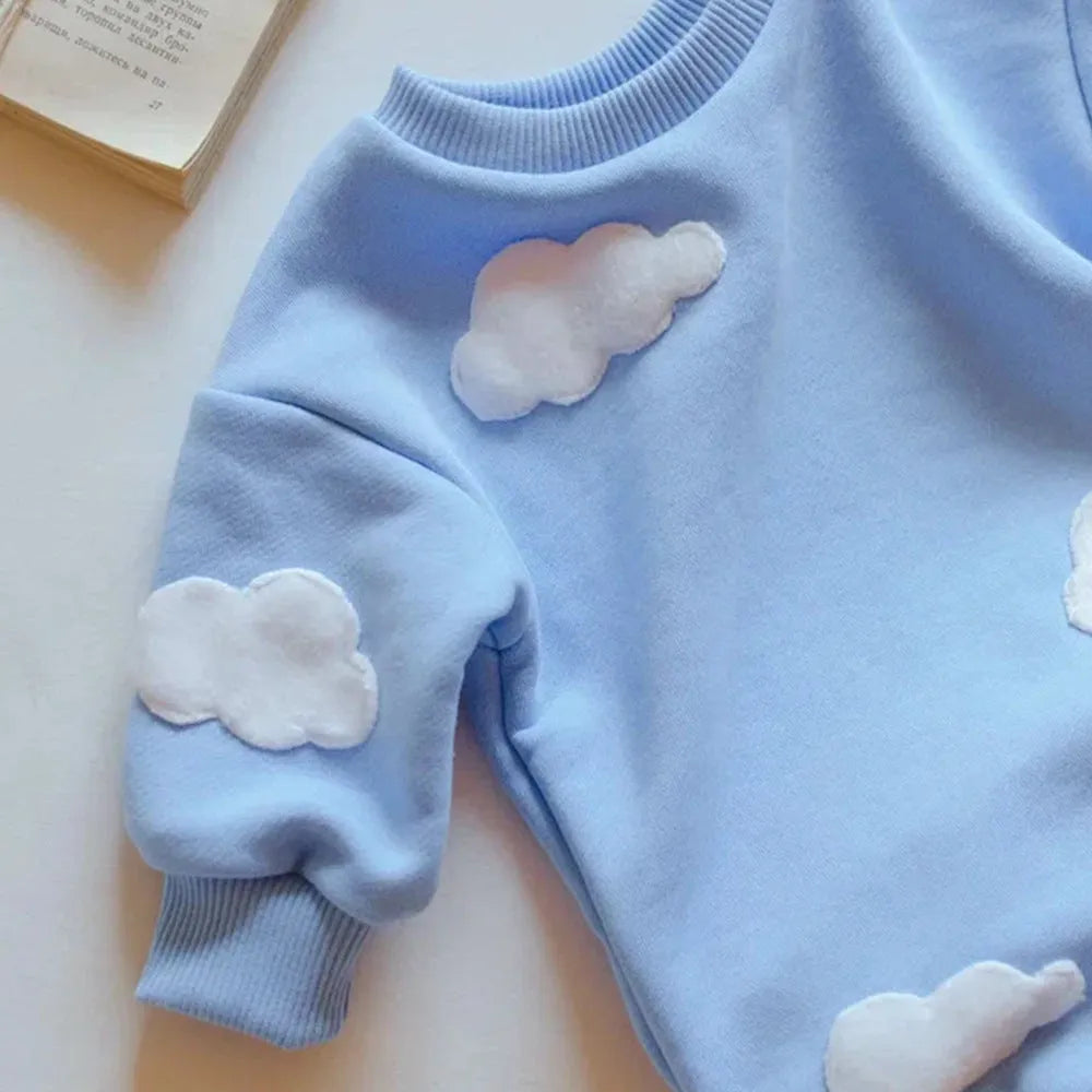 Newborn baby cotton onesie with blue three-dimensional cloud print, hidden front closure, short sleeves, suitable for 59-90cm
