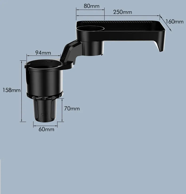 Black car-mounted dinner tray holder with a rotating base, shown inserted into a vehicle cup holder.