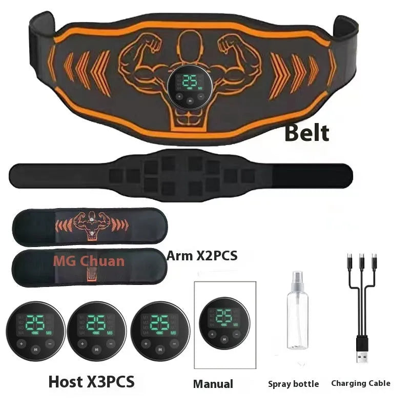 Blue and orange EMS smart massage belt kits with host unit, main belt, and arm electrodes on a grey background.