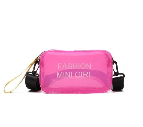 Transparent square jelly women's shoulder bag with a diagonal cross strap, shown in multiple colours.