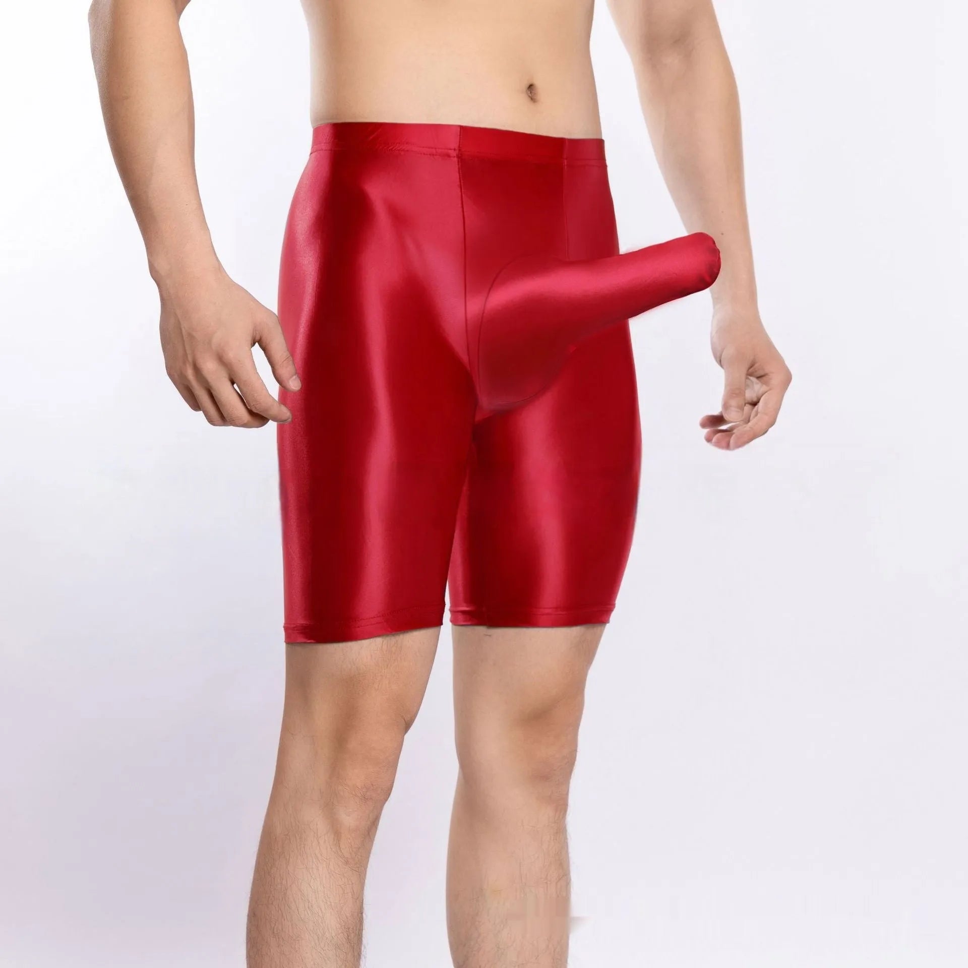Men's plus size shiny nylon sports shorts in multiple colours on size chart.