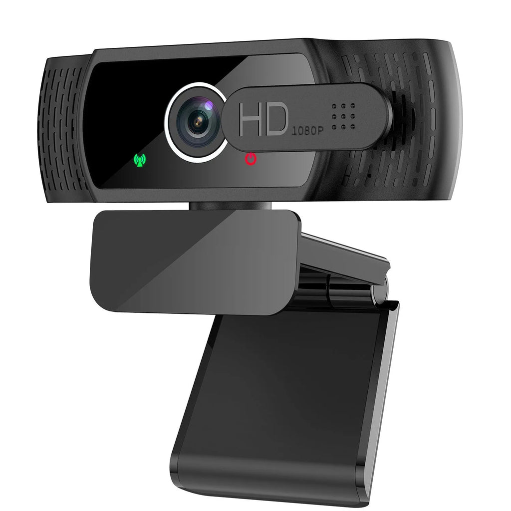 Black 1080P USB webcam with built-in microphone and universal clip for laptop or monitor.