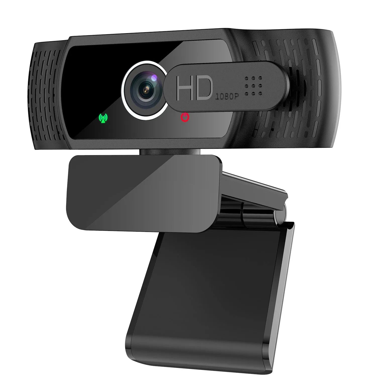 Black 1080P USB webcam with built-in microphone and universal clip for laptop or monitor.