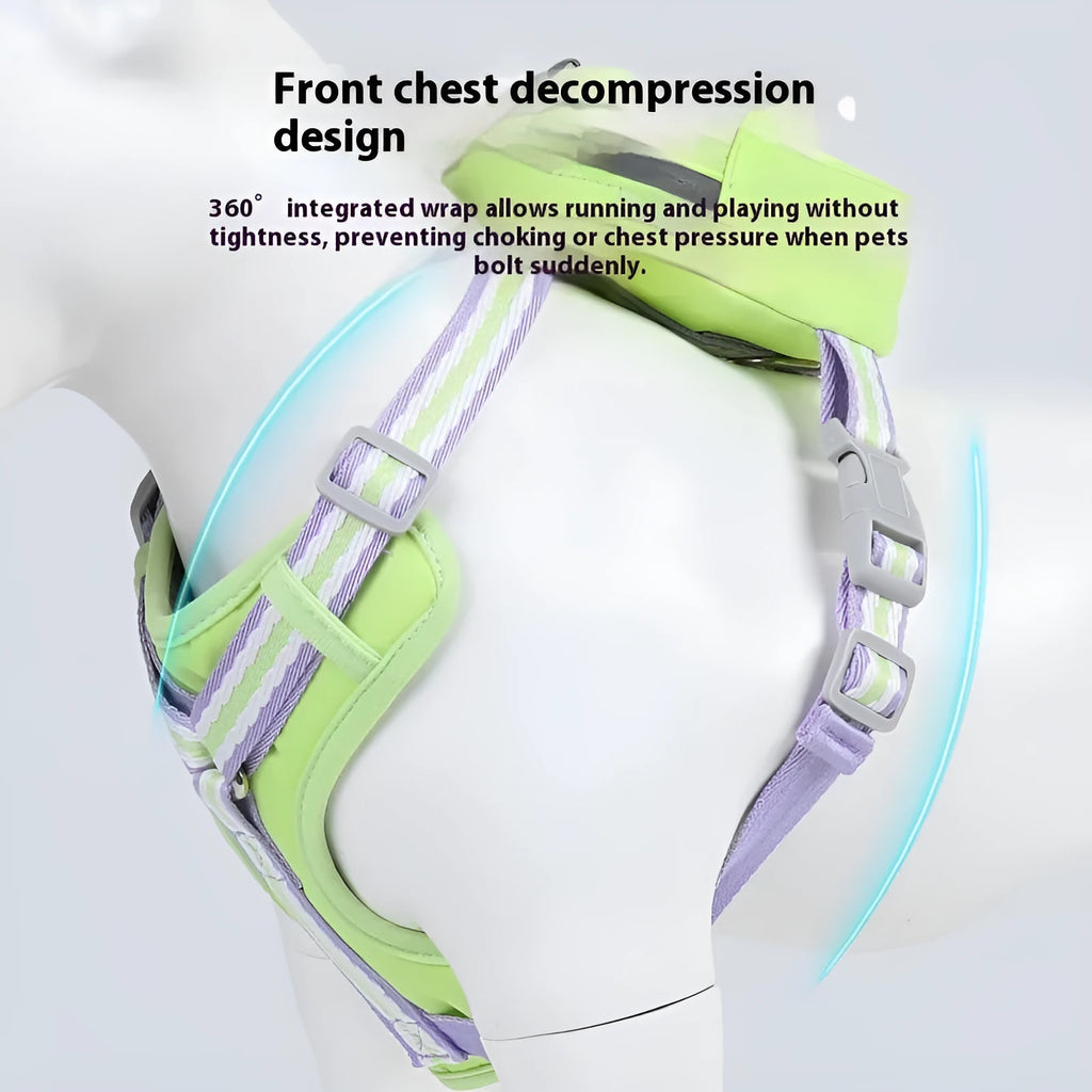 Pink dog harness with anti-pull design, adjustable straps, and a metal D-ring on the back.