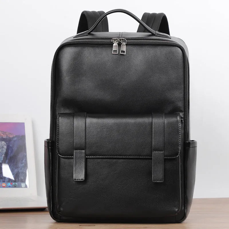 Men's large capacity leather computer backpack with 36-55L storage in black