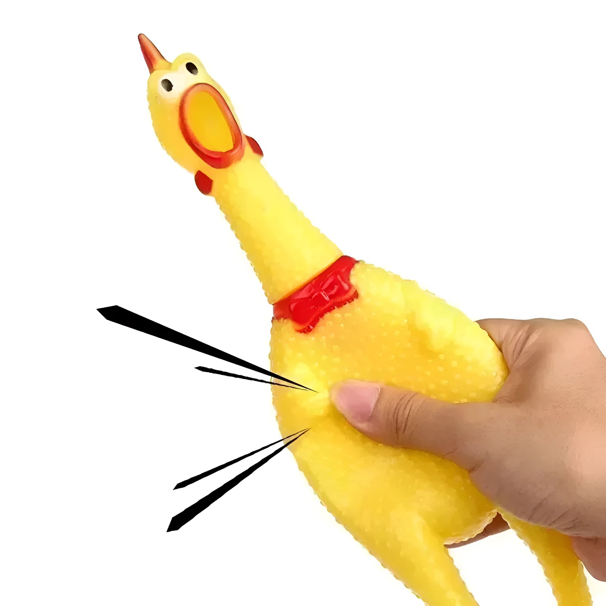 Yellow rubber screaming chicken dog squeak toy in three different sizes