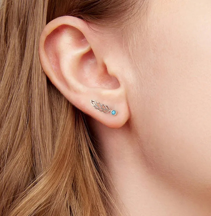 Silver coloured feather stud earrings with genuine turquoise inlay, Chinese style, SCE1896 colour