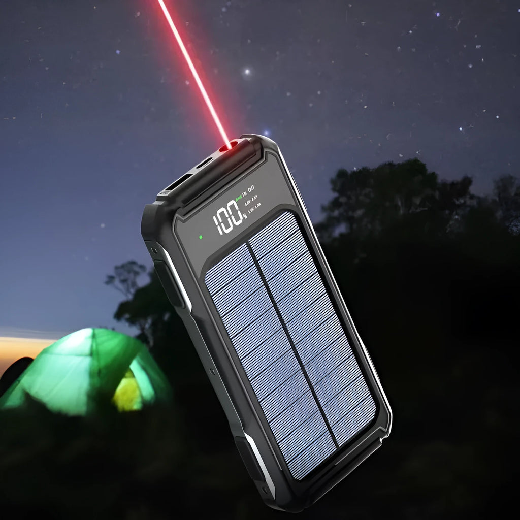 Black military grade portable power bank showing front panel with capacity rating and ports.