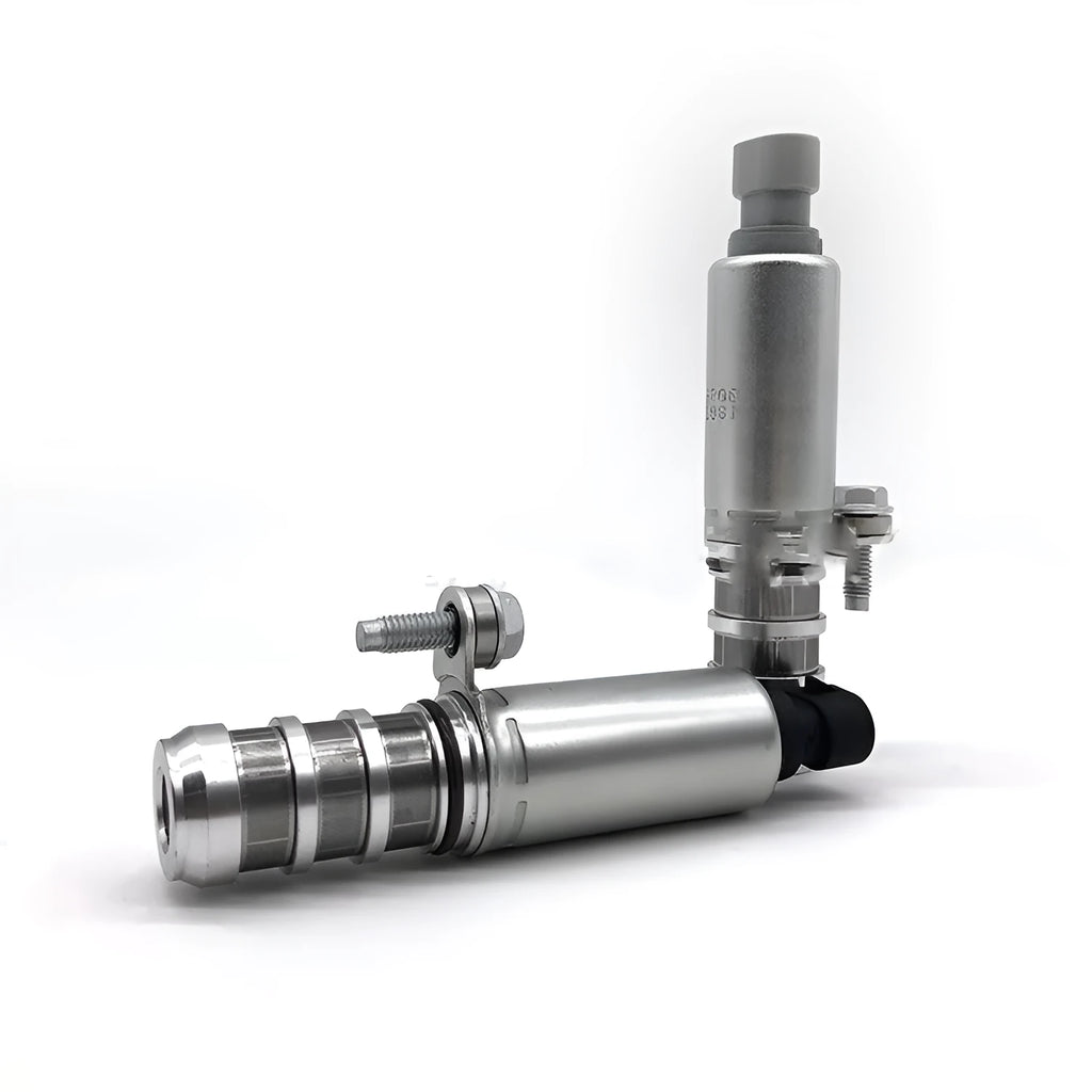 A pair of metallic VVT oil control solenoid valves for Buick and Chevrolet vehicles.