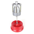 Portable aluminium hub wheel balancer with bull's eye level on a black enamel finished base.