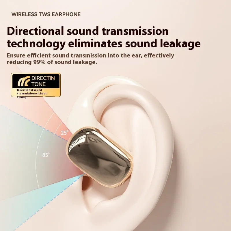 Wireless ear-mounted headphones with digital display screen shown in black, white, and skin colour options.