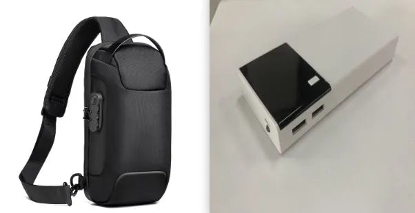 Black 20000mAh power bank with aluminium shell 18650 batteries showing charging port