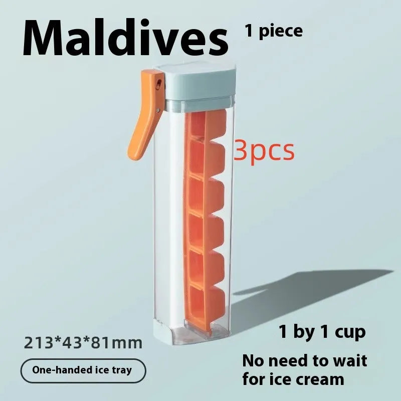 Flexible ice cube tray in Maldives colour with one-touch release and storage box on white surface
