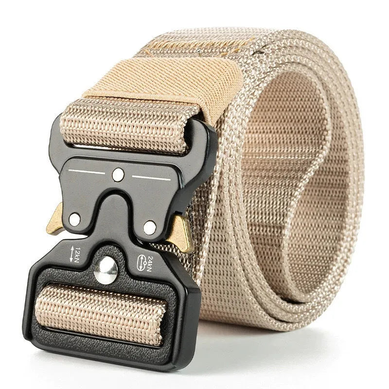Men's thick canvas tactical belt with alloy buckle shown in Army Green colour on 120cm length