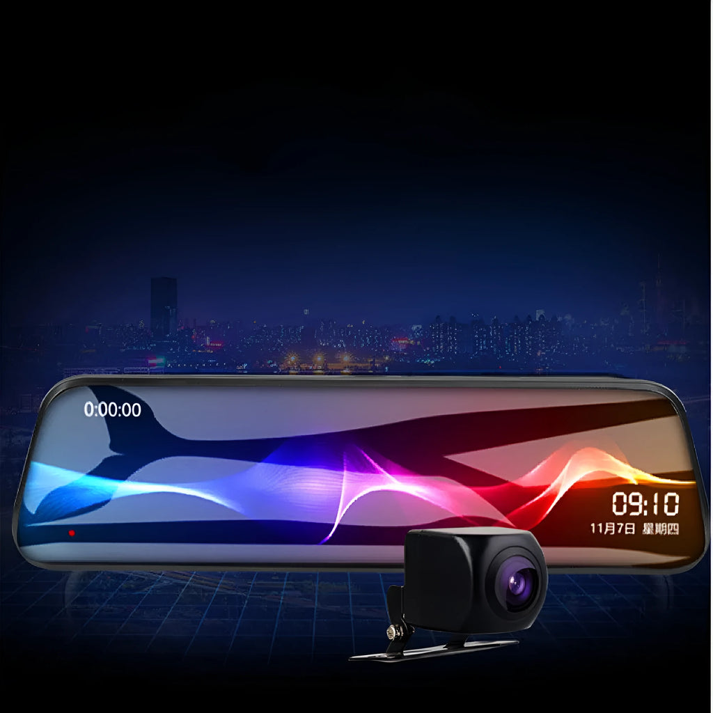 10-inch touch screen streaming dashcam rearview mirror with dual lens and blue anti-glare coating
