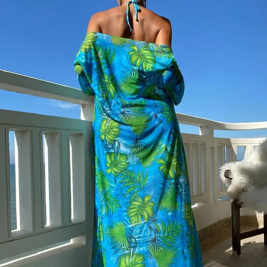 Split long sleeve ins blouse and banded bikini swim set with matching outer robe in multiple colours.