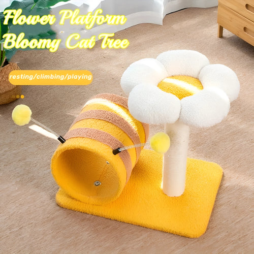 Yellow bee-themed cat climbing frame with sisal scratching board, tunnel, and multiple platforms
