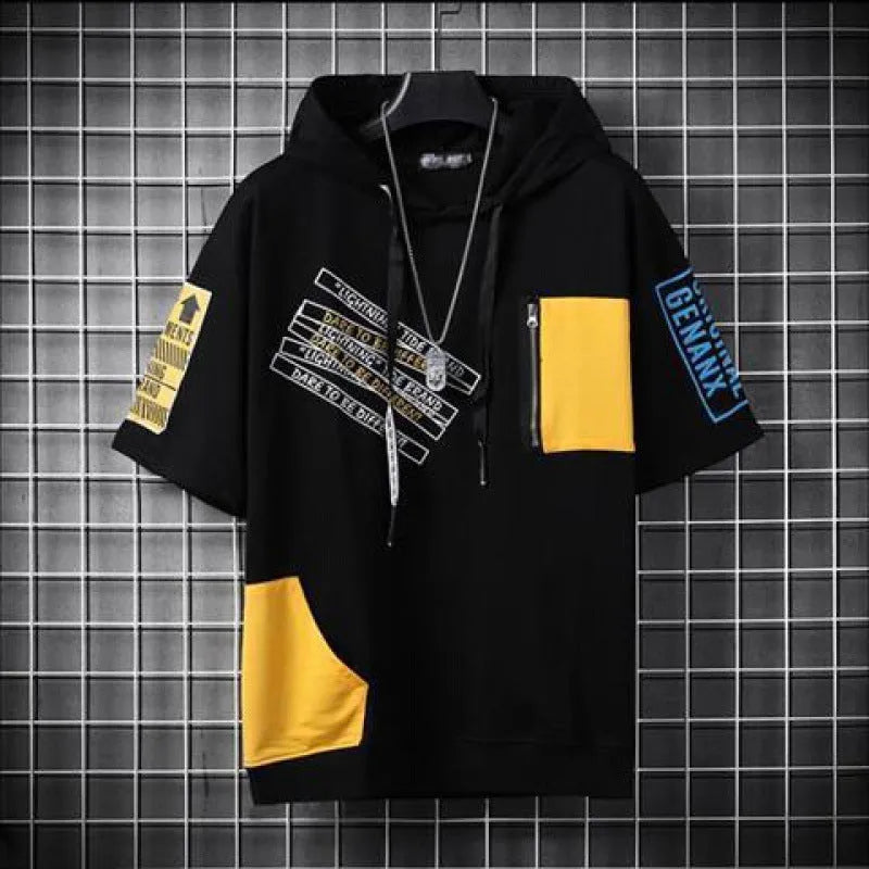 Men's loose fit hip hop polyester printed short sleeve t-shirt with graffiti design in black and white