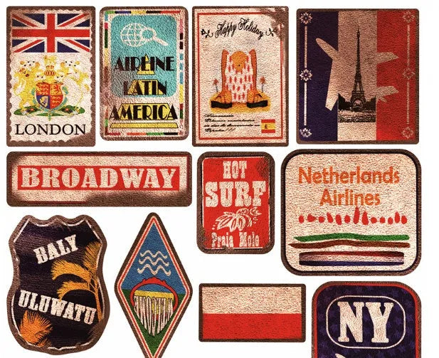 Set of 36 large retro-themed beach and surfing stickers with sizes from 6cm to 10cm on a matte PVC background.