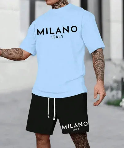 European style men's short sleeve polyester suit set with round neck top and matching shorts in multiple colours