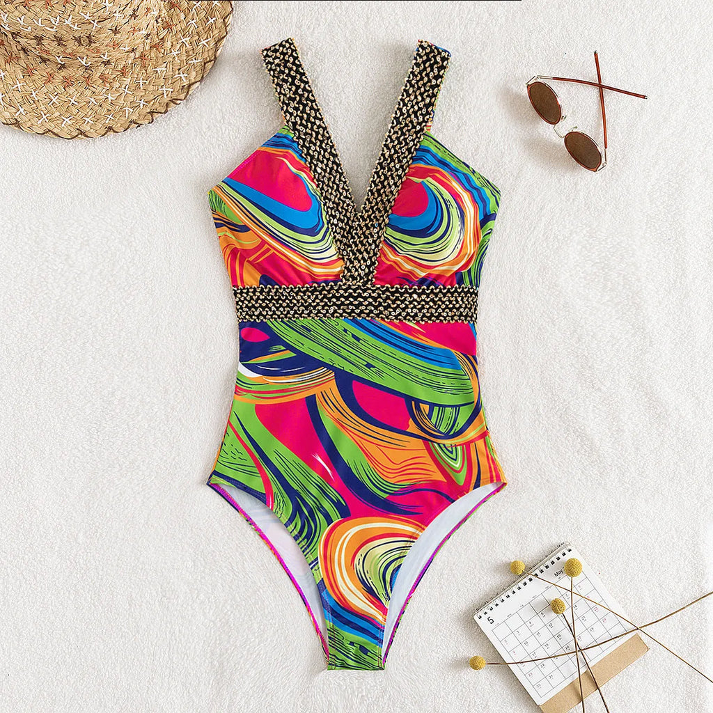 Women's deep V neck one-piece swimsuit with spaghetti straps in floral print pattern
