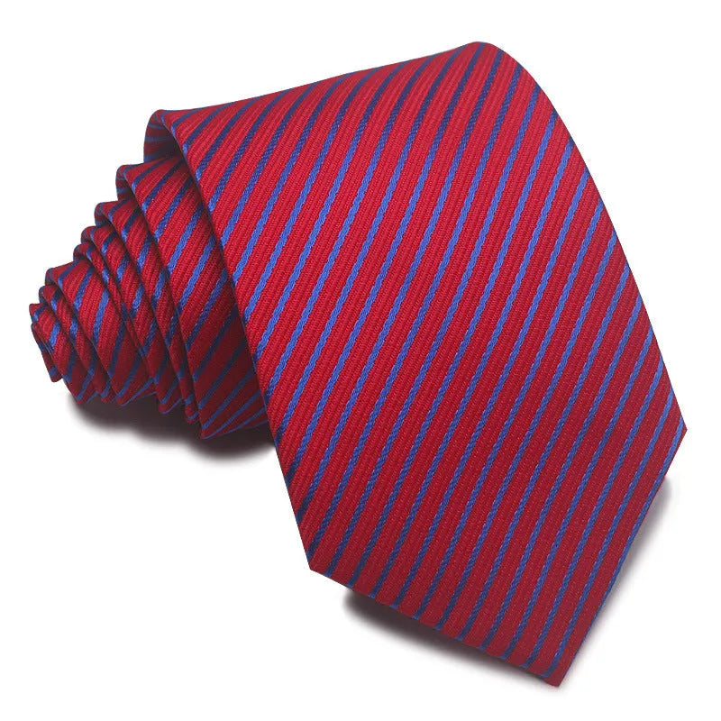 A man's striped formal tie in an arrow style, showing the jacquard texture and width of 7-8 cm.