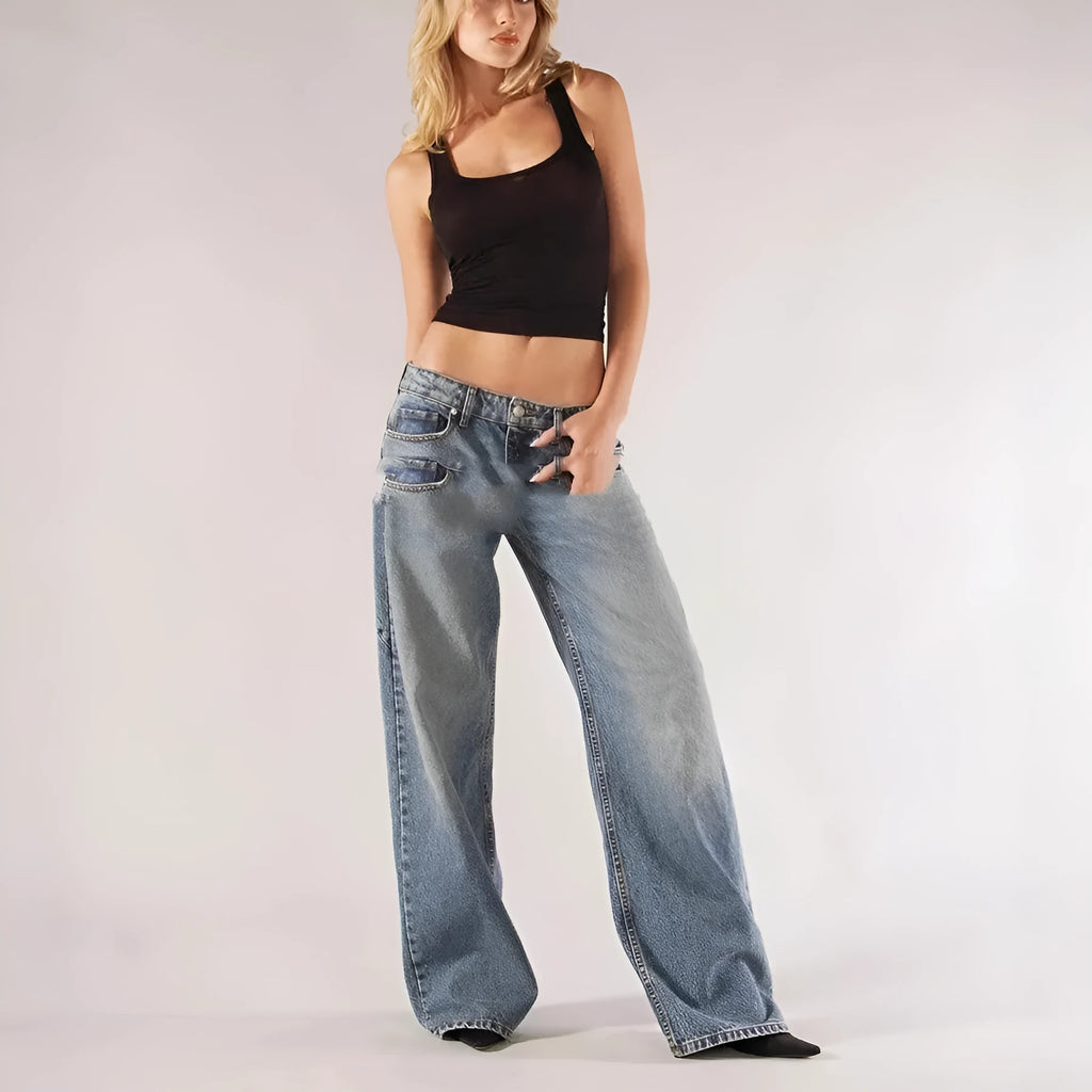 Women's loose straight wide leg cotton trousers with low waist and splicing detail in blue colour