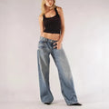 Women's loose straight wide leg cotton trousers with low waist and splicing detail in blue colour
