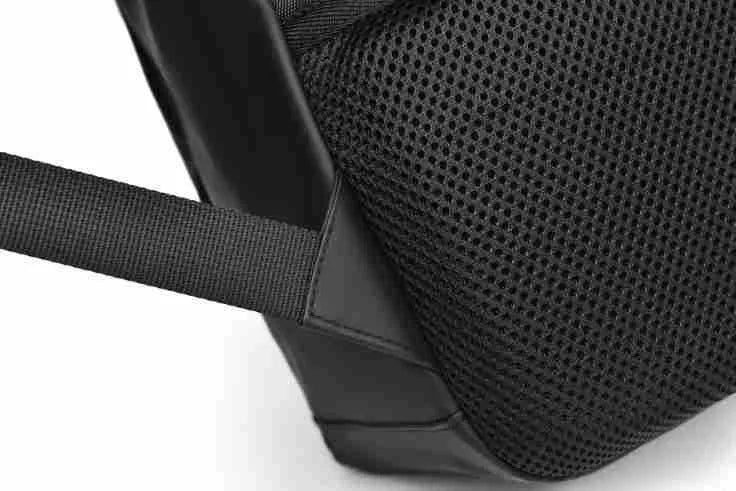Large black waterproof backpack made from PU leather with sewing thread detailing