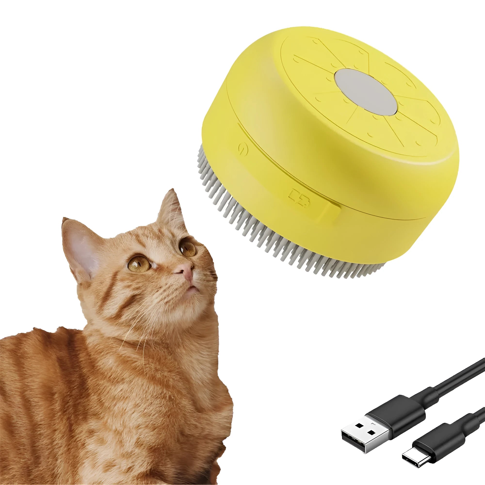Green rechargeable cat steam brush with silicone bristles and ergonomic handle on white background