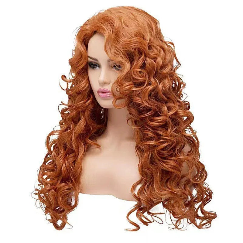 Brown long curly cosplay wig with instant noodles-style fluffy texture for Halloween and exotic costumes