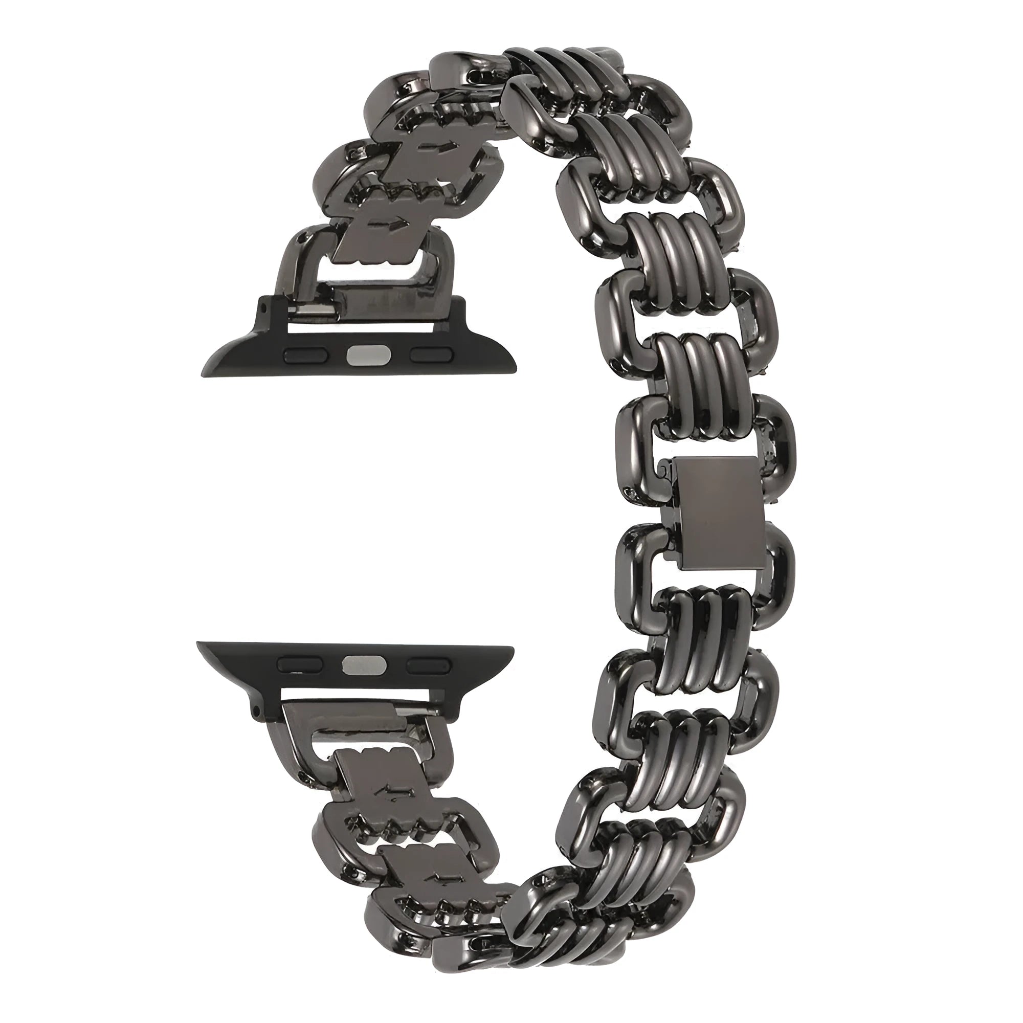 Silver alloy metal replacement bracelet strap for Apple Watch on a table.