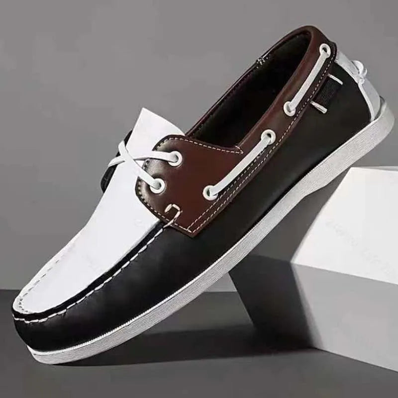 Men's British-style casual shoes with artificial PU upper in round toe design with flat heel