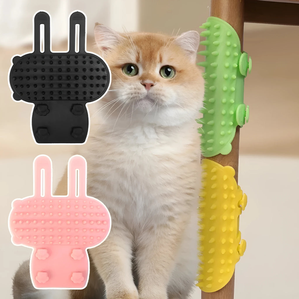 Silicone cat grooming comb with adjustable strap mounted on a furniture leg