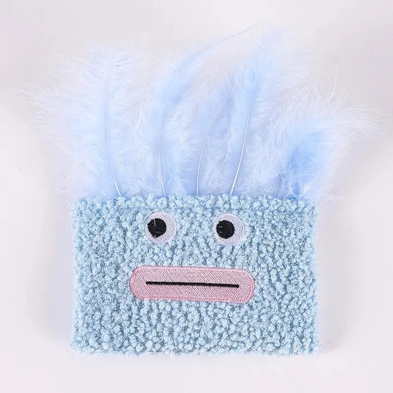 Catnip plush toy with big mouth explosion head shape in blue, green, orange, and purple colour options