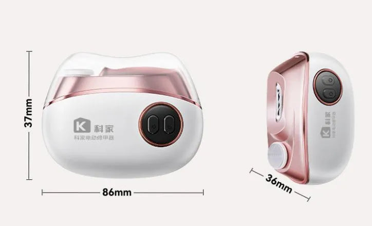Blue electric nail clipper and polisher two-in-one tool with USB Type-C charging port and cleaning brush.