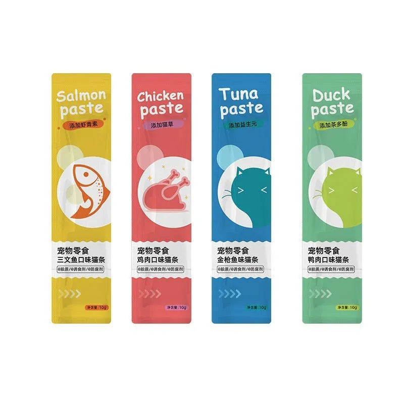 Pack of 10 cat snack strips in four flavour varieties