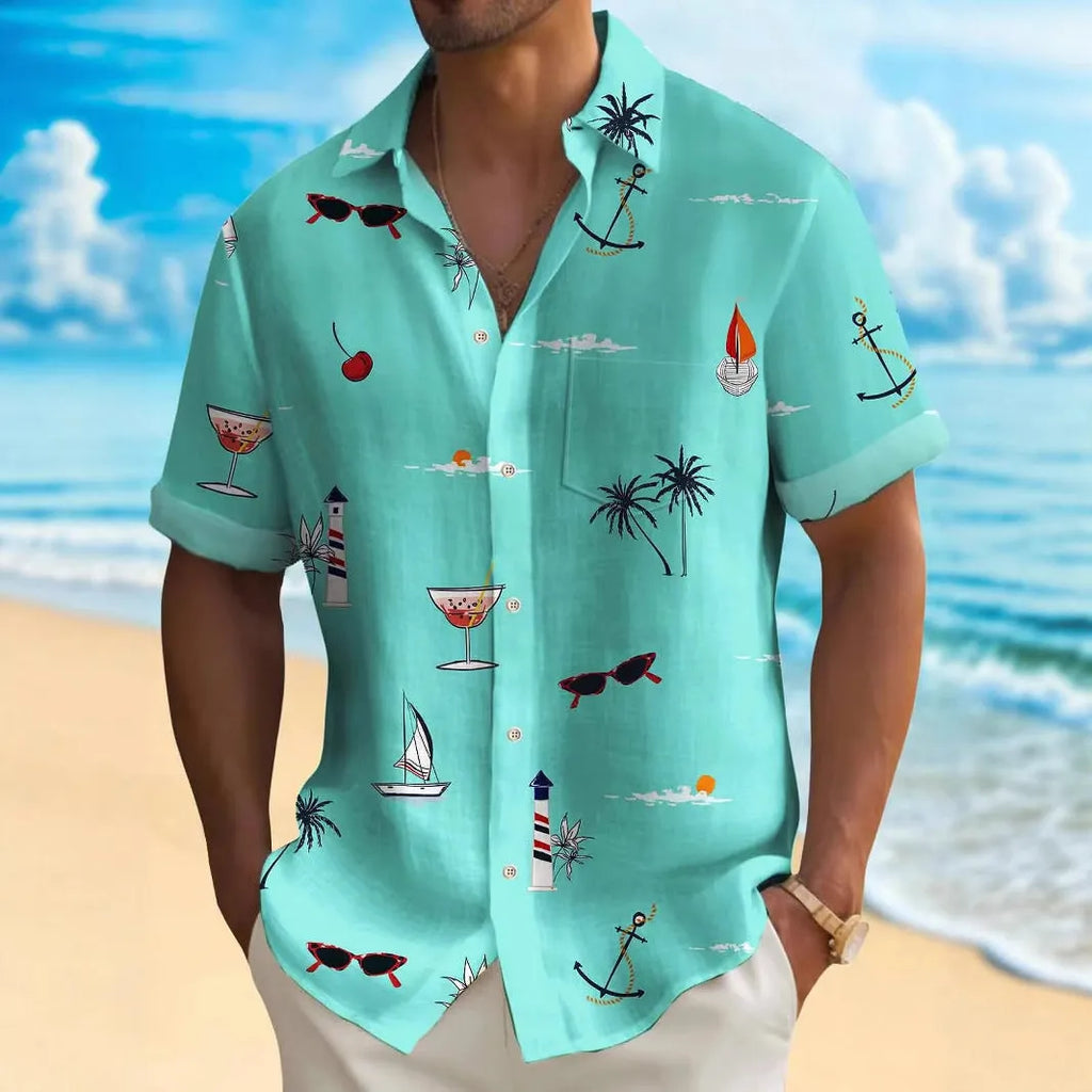 Man wearing a colourful digitally printed Hawaiian shirt with a loose fit and short sleeves.