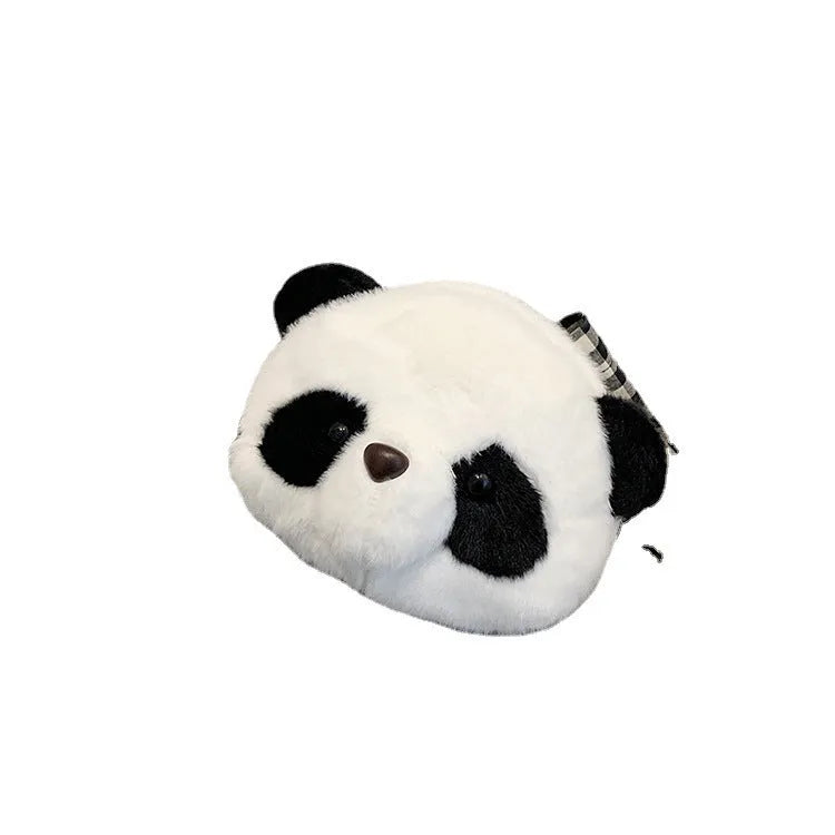 Soft plush cylindrical crossbody bag in Panda Head colour, showing dimensions and sandwich pocket.