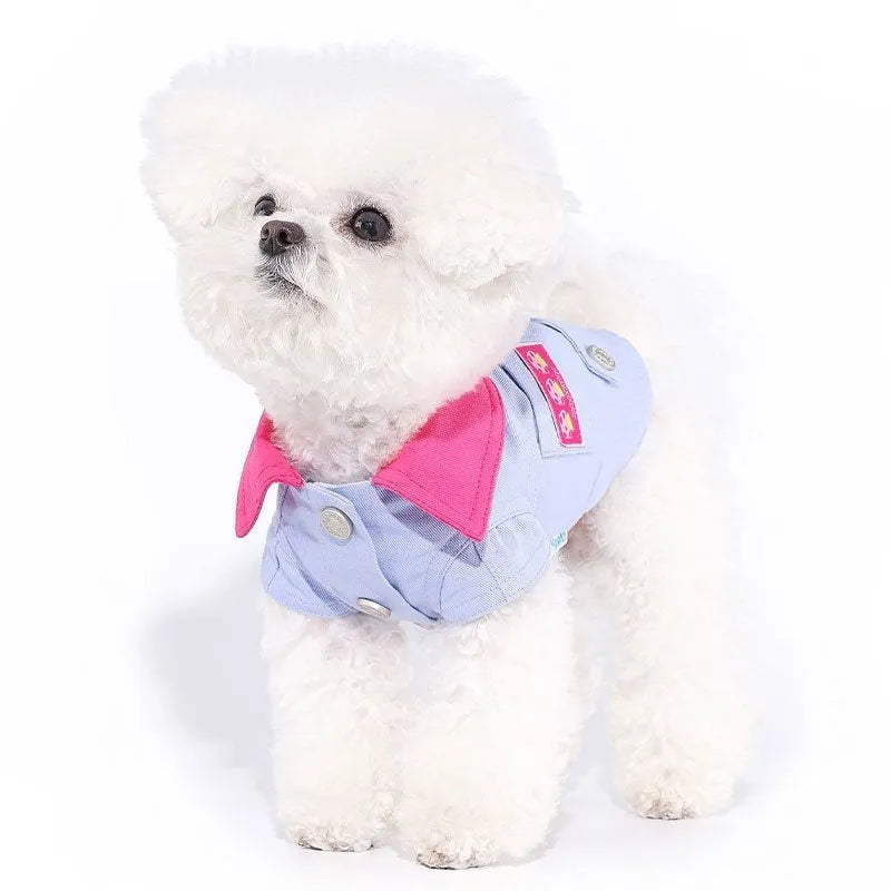 Blue and purple polyester summer dog vest with integrated traction rope ring for small dogs