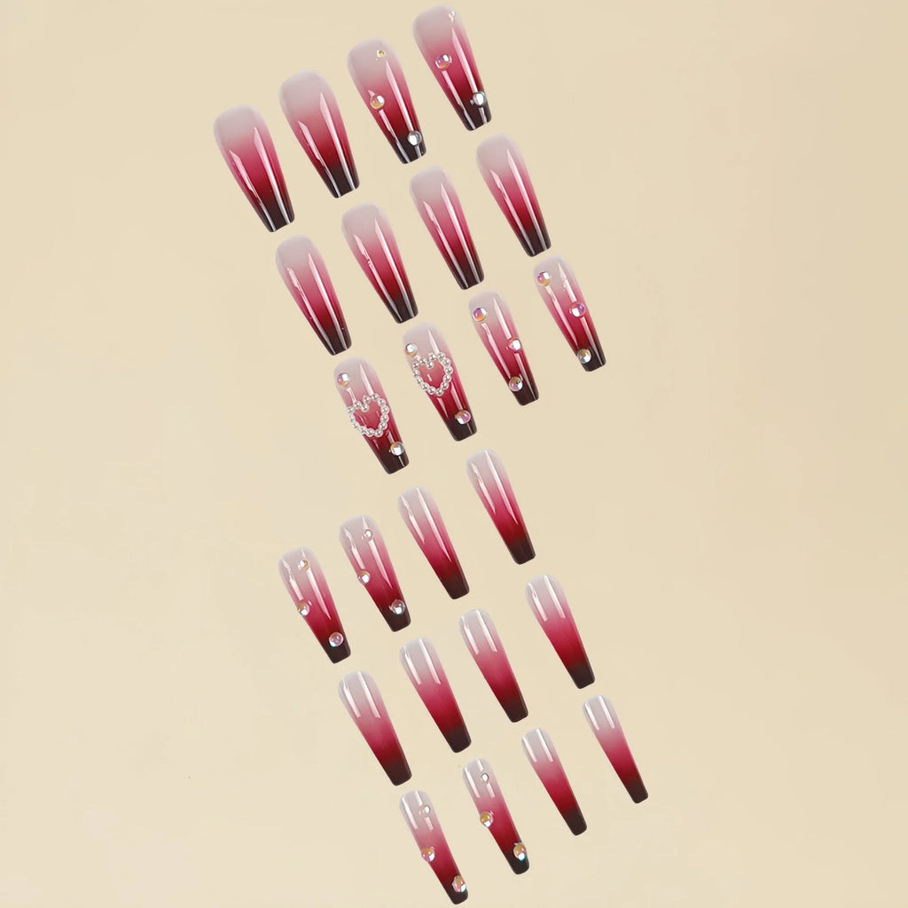 Wine red gradient fake nail tips with pearl heart plaid pattern in ballet style length