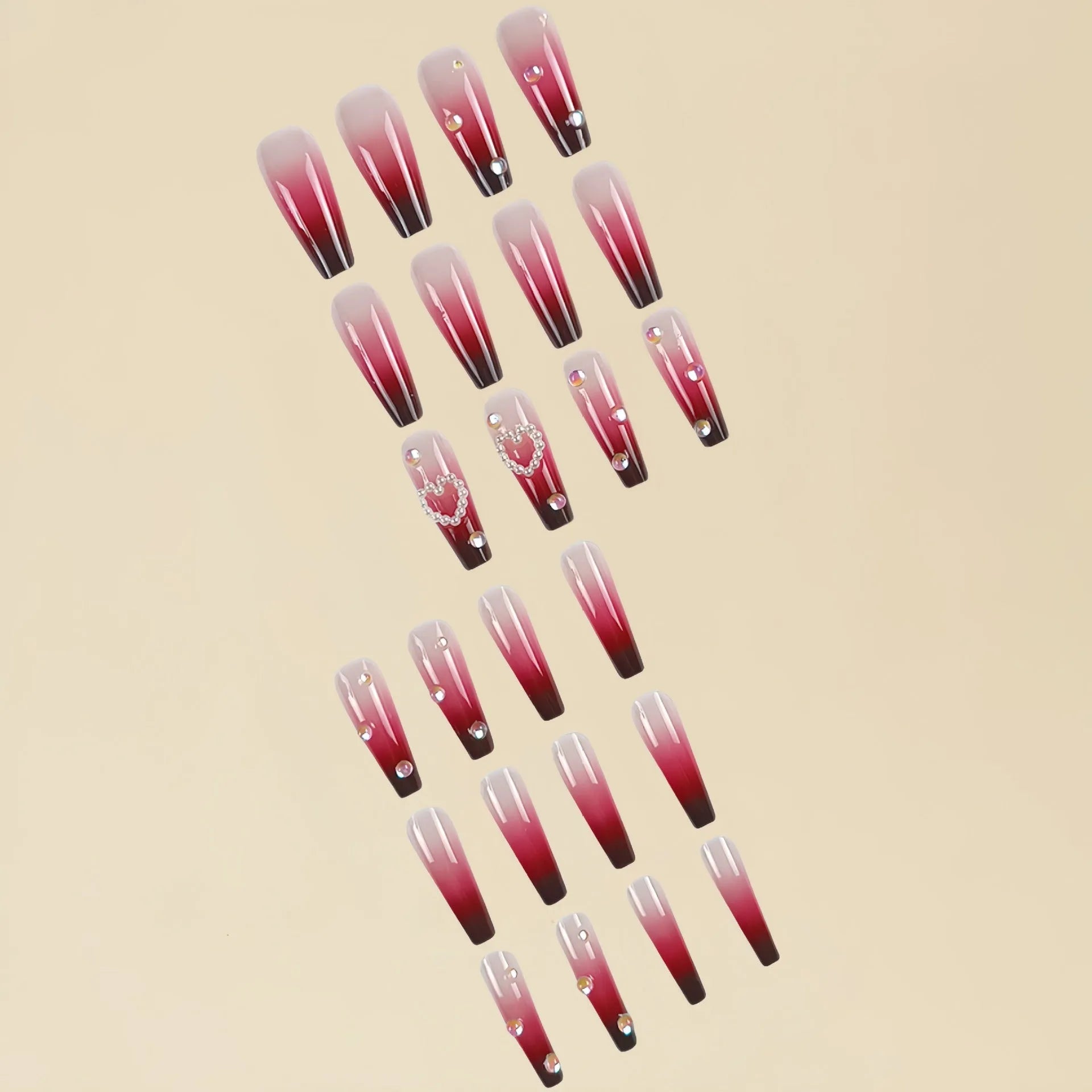 Wine red gradient fake nail tips with pearl heart plaid pattern in ballet style length