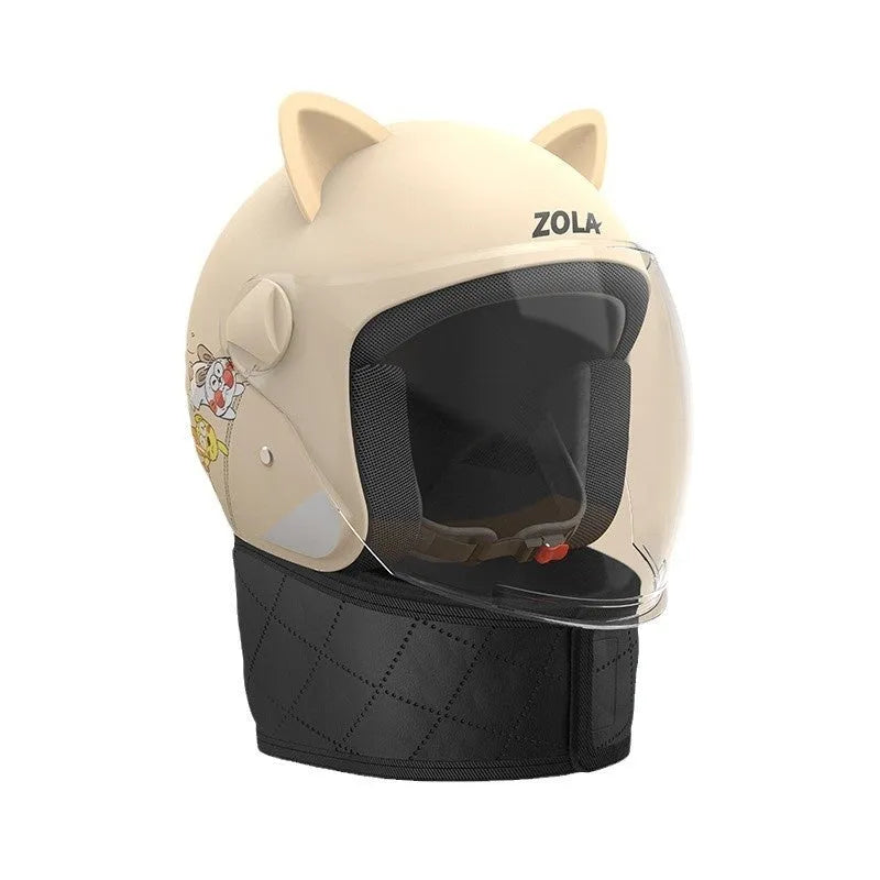 Winter electric bicycle helmet with anti-fog visor and attached fleece scarf in blue colour