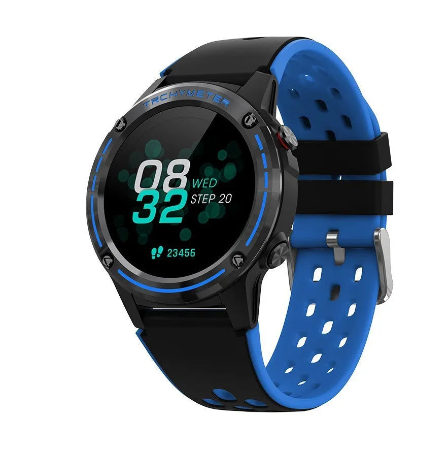 GPS smart watch with silicone sports bracelet showing four colour options: blue, black, cyan, and silver black