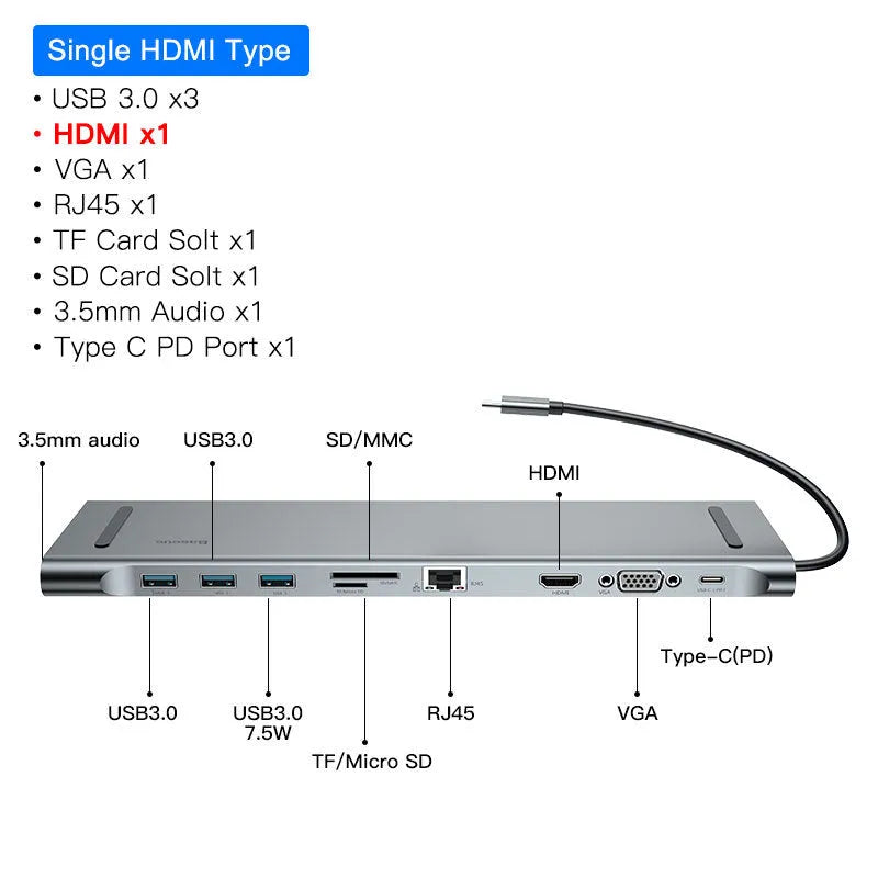 Grey aluminium ten-port laptop docking station with cooling bracket showing HDMI, VGA and USB connections